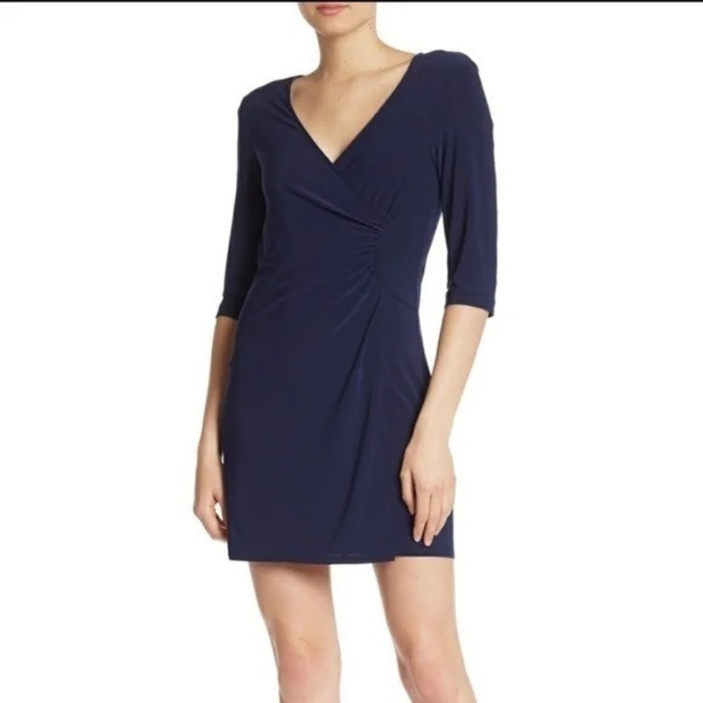 LAUNDRY by Shelli Segal Women’s Navy Blue Faux Wrap  Dress 3/4 Sleeve Size Med